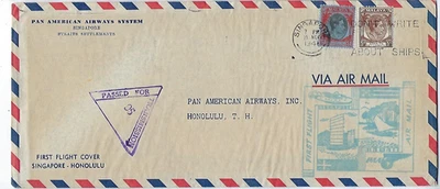 1941 Singapore Malaya Airmail FFC to Hawaii, Pan Am Clipper WWII Censor - Image 1 of 2