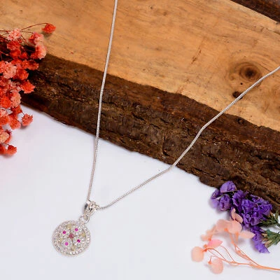 Collar colgante de plata de ley 925 hecho a mano con piedras preciosas de circón rubí 17" h784 Foto 1 de 4