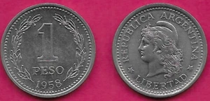 ARGENTINA 1 PESO 1958 XF PHRYGIAN CAPPED LIBERTY HEAD LEFT,VALUE WITHIN WREATH,O - Picture 1 of 1