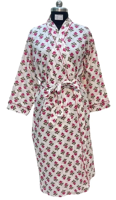 kimono robe Indian women's long jaipuri prints pink and white colour free size - Image 1 of 4