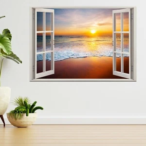 Calcomanía de póster A17 con vista al atardecer y al mar playa naturaleza 3D vista a ventana vista ventana - Imagen 1 de 2