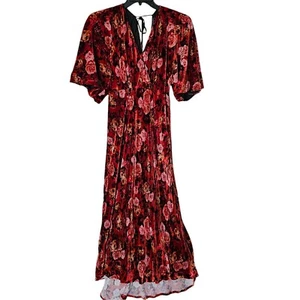 Maxi abito Johnny Was Alanis misto seta velluto rosso floreale taglia grande scollo a V boho - Foto 1 di 16