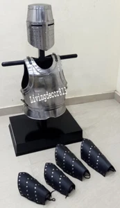 Medieval Chrome Finish Jacket Armor Templar Helmet With Arm & Leg Guard Hallowee - Picture 1 of 6