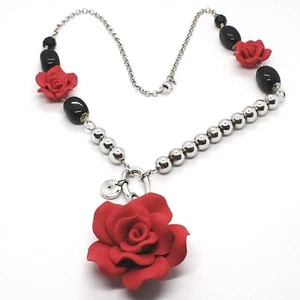 Collar Plata 925 , Ónix Negro, Esferas, Rosas Rojas , Flor Colgante - Imagen 1 de 8