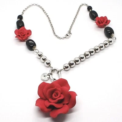 COLLANA ARGENTO 925, ONICE NERA, SFERE, ROSE ROSSE, FIORE PENDENTE - Immagine 1 di 4