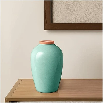 13" Aqua und Terrakotta Keramik Runde Tisch Vase - Bild 1 von 4