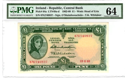 1958 Ireland Republic 1 One Pound, Lady Hazel Lavery, Pick# 57D, PMG UNC 63 - Image 1 of 2