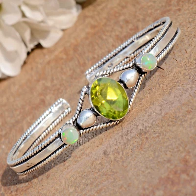 Green Peridot Cut & Fire Opal Gemstone 925 Sterling Silver Latest Cuff Bangle - Image 1 of 4