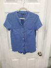 Cable & Gauge Sz PS Short Sleeve V Neck Button Up Blue Blouse With Pockets
