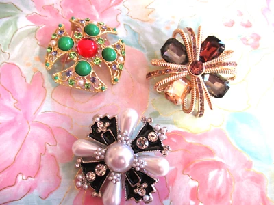 BEAUTY MALTESE CROSS BLACK PEARL ENAMEL CRYSTAL GOLD GREEN RUBY- YOU CHOOSE - Image 1 of 4