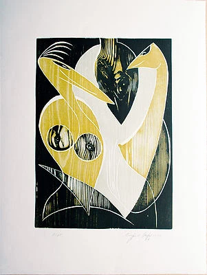 Siegfried Assfalg 1925-2012 Sie & Er Konkrete Kunst1983 Farbholzdruck Vögel Paar - Bild 1 von 4