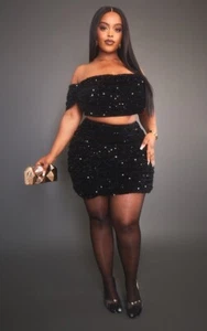PLT Plus Black Velvet Sequin Bardot Top Size 16 Crop Mini Top RRP £23 - Picture 1 of 5