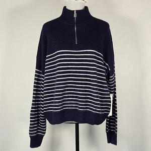 Aqua Bloomingdale’s 100 % Kaschmir gestreift Knopfleiste Schulter Pullover XXL marineblau neu mit Etikett - Bild 1 von 7