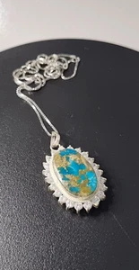 Natural Neyshabur Persian Turquoise Silver Framed Pendant Necklace - Picture 1 of 6
