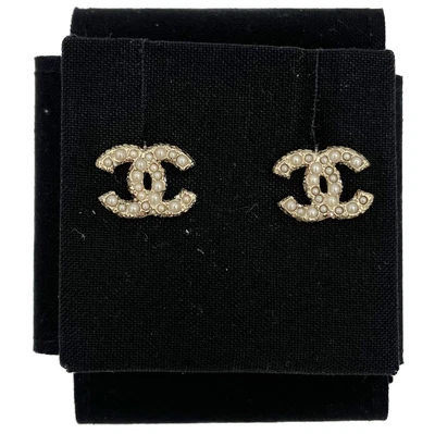 CHANEL genuine classic gold tone pearl and crystal CC stud earrings in box - Image 1 of 4