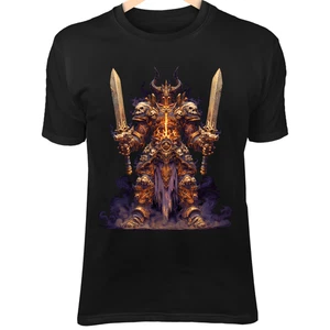 Demonic Warlord II T-Shirt – Twin Swords, Molten Veins, Skull Horned Helmet Art - Picture 1 of 5