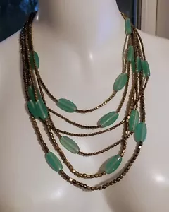 6 strand brass color metal and oblong turquoise glass beads necklace 12" drop - Picture 1 of 10