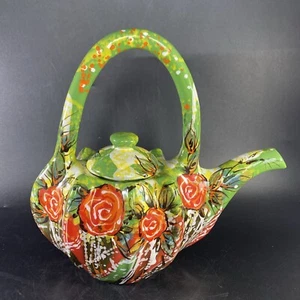 Hand Painted Tea Pot Multicolored Unique Floral Signed 24cm Tall - Picture 1 of 8