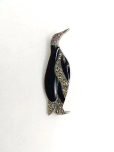 Vintage Silver Tone & Black Enamel Penguin Brooch Pin Rhinestone Detail - Picture 1 of 2