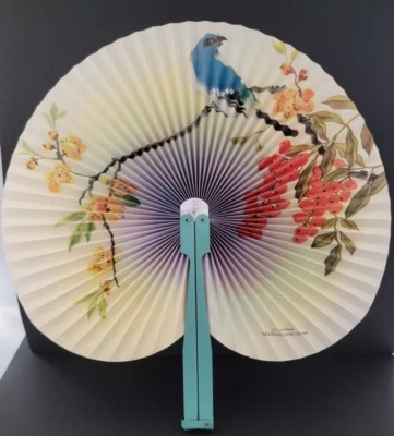 Ventilador de papel vintage 1949-1960 PRC acordeón plegable a mano flores de pájaro mango de metal Foto 1 de 4