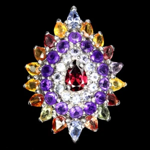 925 Sterling Silver Ring Pear Rhodolite Sapphire Tanzanite Gemstone Jewelry 8.5 - Picture 1 of 10