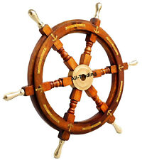 24" Antique Nautical Wooden Ship Steering Wheel Decor Brass Handle Wall Boat..