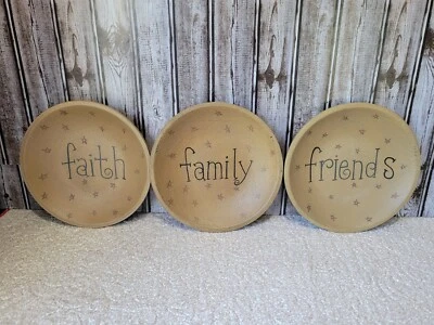 Set Of 3 Donna White Wooden Plates/ Bowls Faith Family Friends Stars Primitive - Image 1 of 4