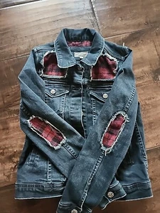 Tractr Dark Wash Denim Kids Jean Jacket  Size Large  Plaid Red Patches - Picture 1 of 4