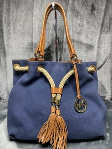 Michael Kors Handbag Marina Canvas Rope Tassels Large Bucket Drawstring Blue - Foto 1 di 24
