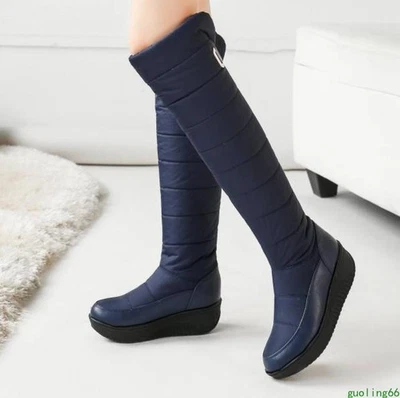 Women's Winter Plus-size Thick Down Knee High Boots Warm Pull On Patchwork Shoes - Image 1 of 4