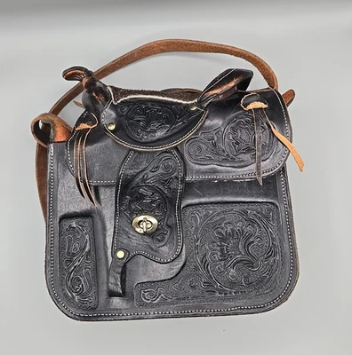 Hand-Tooled Embossed Black Leather Horse Saddle Shoulder Purse Hecho En Mexico - Image 1 of 4