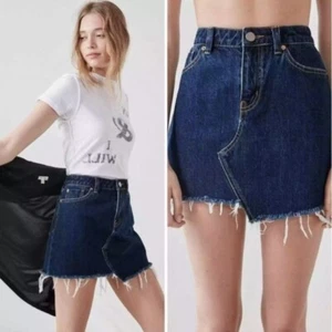 URBAN OUTFITTERS BDG Blue Denim Asymmetrical Jean Mini Skirt Large Raw Hem - Picture 1 of 10