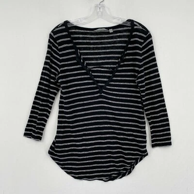 Top Popover Athleta 100 % lino para mujer mediano negro blanco a rayas manga 3/4 boho Foto 1 de 4