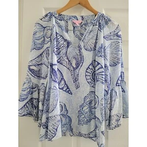 Lilly Pulitzer Blue Sea Shell Print Silk Blouse top Size Small Coastal Preppy - Picture 1 of 9