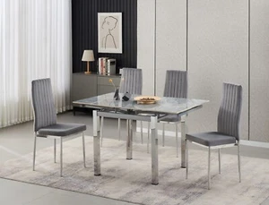 Dining Table Set Extending Grey Sintered Stone Top and 4 Velvet Chairs Modern - Picture 1 of 26