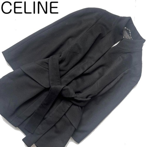 【CELINE】Cappotto lungo con cintura in cashmere con volant e pieghe in coagulo nero vintage