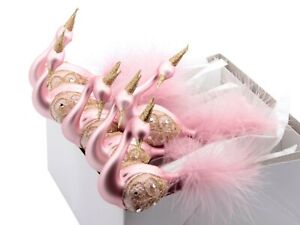 6 blown glass pink gold swan Christmas tree ornaments handmade in Czech