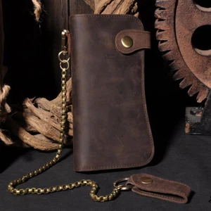 Cartera sin asas vintage de cuero para hombre cadena de motociclista chequera tarjetero - Imagen 1 de 5