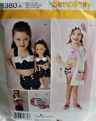 Simplicity 1380A Child's Swimsuit, Playsuit, Cover Up, Hat, Doll Suit-Sz.3-8-New - Image 1 of 2