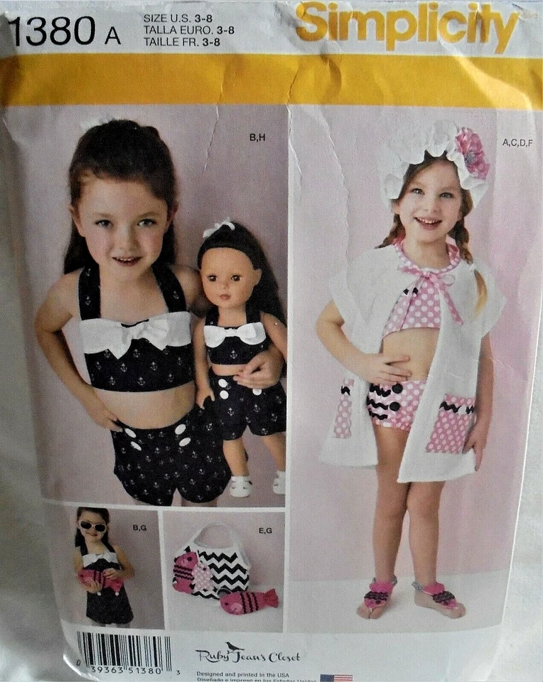 Simplicity 1380A Child's Swimsuit, Playsuit, Cover Up, Hat, Doll Suit-Sz.3-8-New - Image 1 of 2