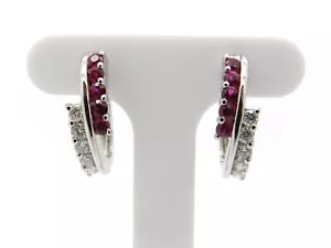 18k White Gold .60ct Round Cut Ruby Diamond Hoop Huggie Earrings - Picture 1 of 5