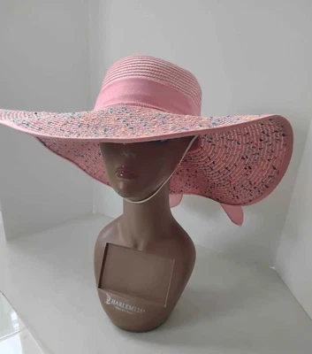 Women's Pink Straw Beach Hat Extra Wide Brim Multicolored Specks New - Image 1 of 4