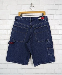 Vtg 90s Y2K Tommy Hilfiger Carpenter Jean Shorts Baggy Flag Logo Patch Mens 33 - Picture 1 of 8