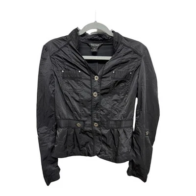 Chaqueta de moto satinada negra White House Black Market para mujer manga enrollable 4 utilitaria Foto 1 de 4