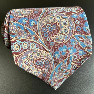 CHARLES JOURDAN 男式丝绸领带意大利佩斯利勃艮第蓝色黄色 55.5 英寸 X 3.5 — 第 1/4 张图片