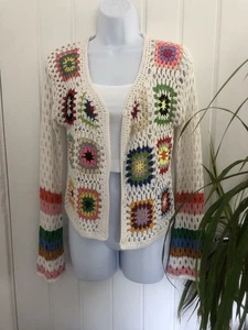 Vintage Granny Squares Crochet Cardigan. White Back, Multicolours & Bell Sleeves - Picture 1 of 6