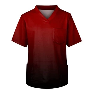 Mens Scrub Tops Short Sleeve V Neck Working Unifroms Gradient Print with Pockets - Picture 1 of 16