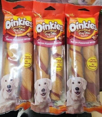 3 - 2 PACKS Hartz Oinkies Smoked Pig Skin Bacon Flavored Wrap Dog Treat Chews - Image 1 of 3