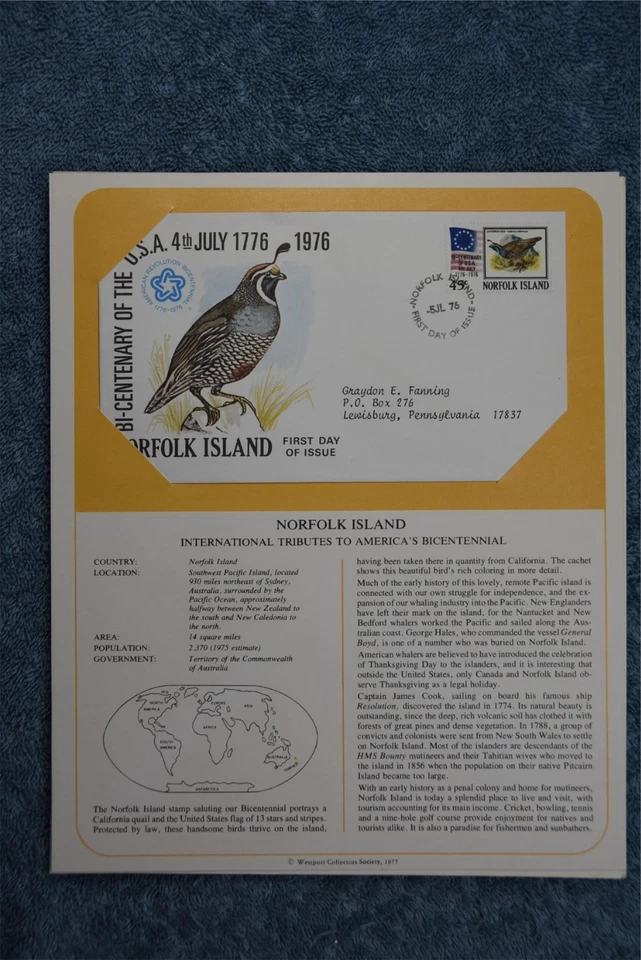 1975 Tributes to America's Bicentennial Souvenir Card - Norfolk Island - Image 1 of 1