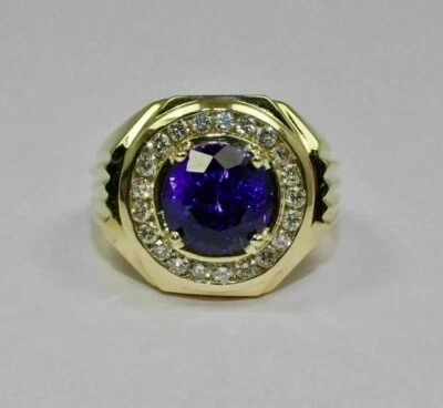 Anillo para hombre de tanzanita azul simulado de corte redondo de 3,00 quilates enchapado en oro amarillo de 14 quilates Foto 1 de 4